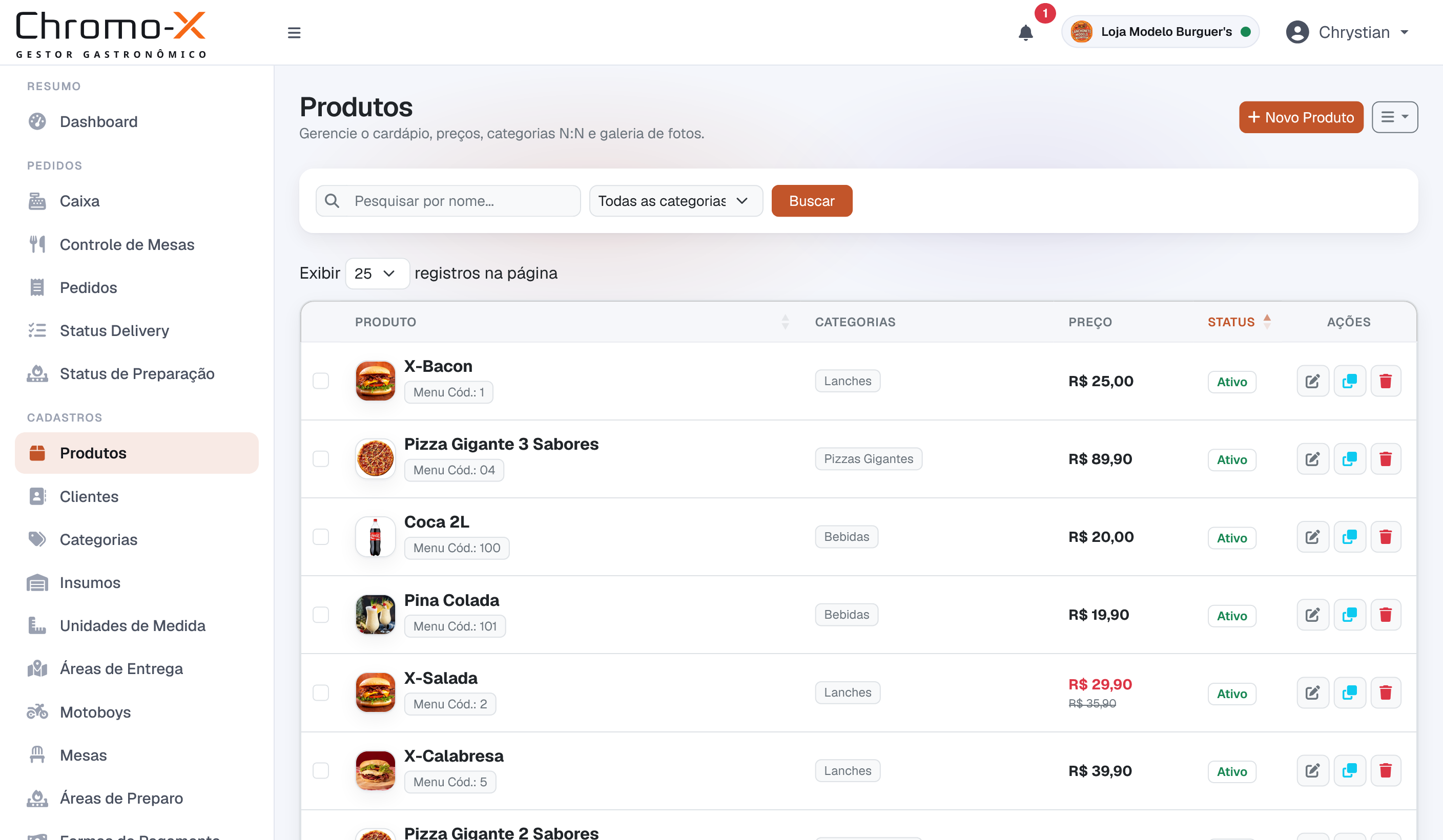 Cadastro de Produtos do Chromo-X: lista com foto, código, categorias, preço (inclusive promocional) e status de cada item do cardápio.
