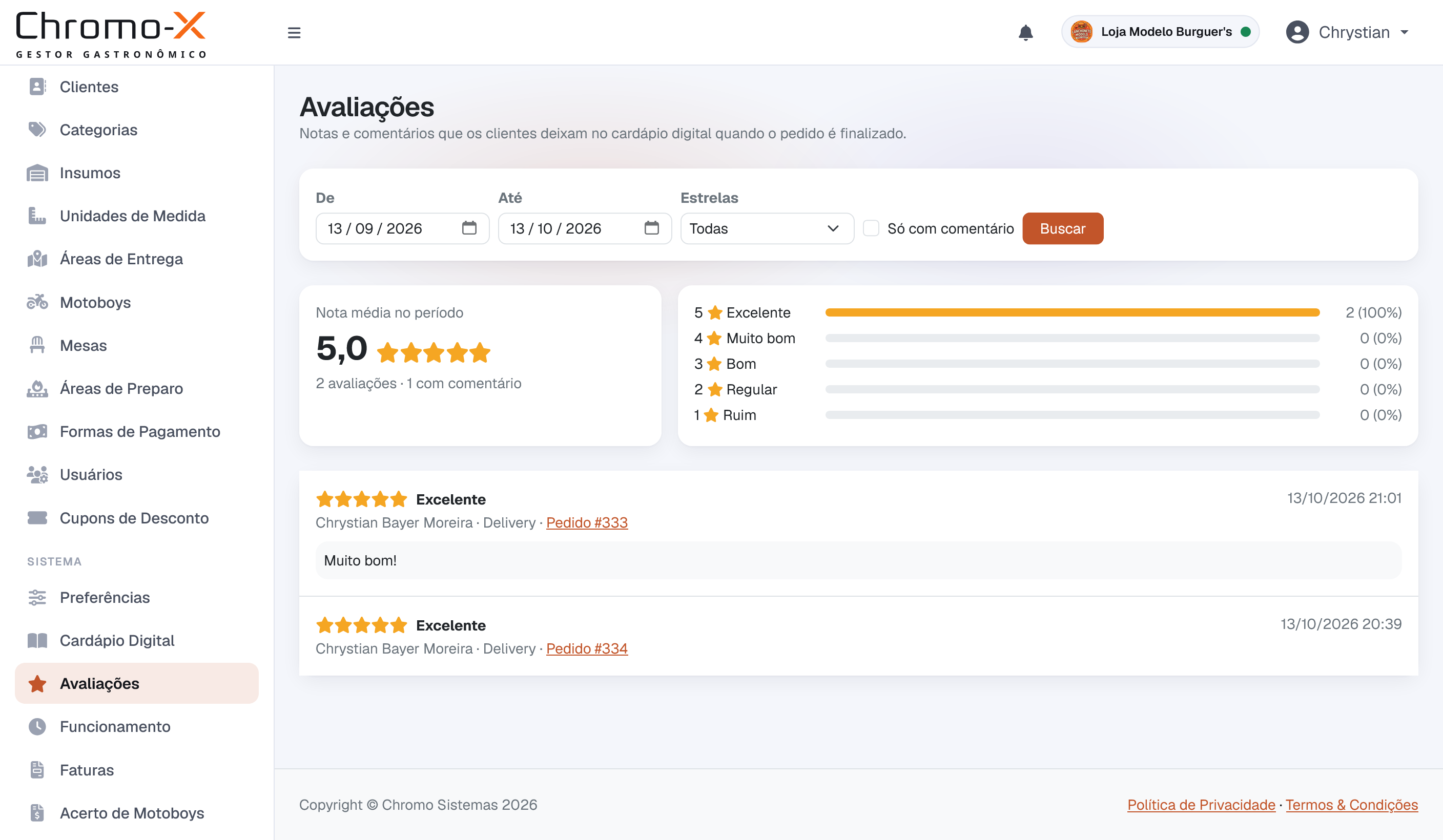 Tela de Avaliações do Chromo-X: filtro por período e estrelas, a nota média com o total de avaliações, a distribuição de 1 a 5 estrelas e a lista das avaliações com cliente, tipo do pedido, número do pedido e comentário.
