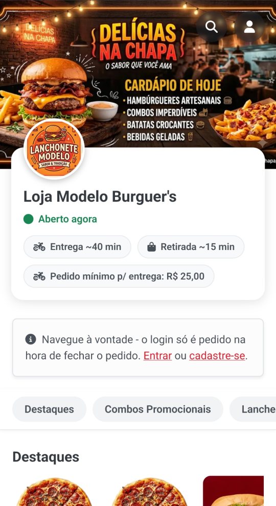 Página inicial do cardápio digital no celular: banner da loja, logo, nome, aviso de "Aberto agora", tempo de entrega e de retirada, pedido mínimo e as categorias do cardápio.
