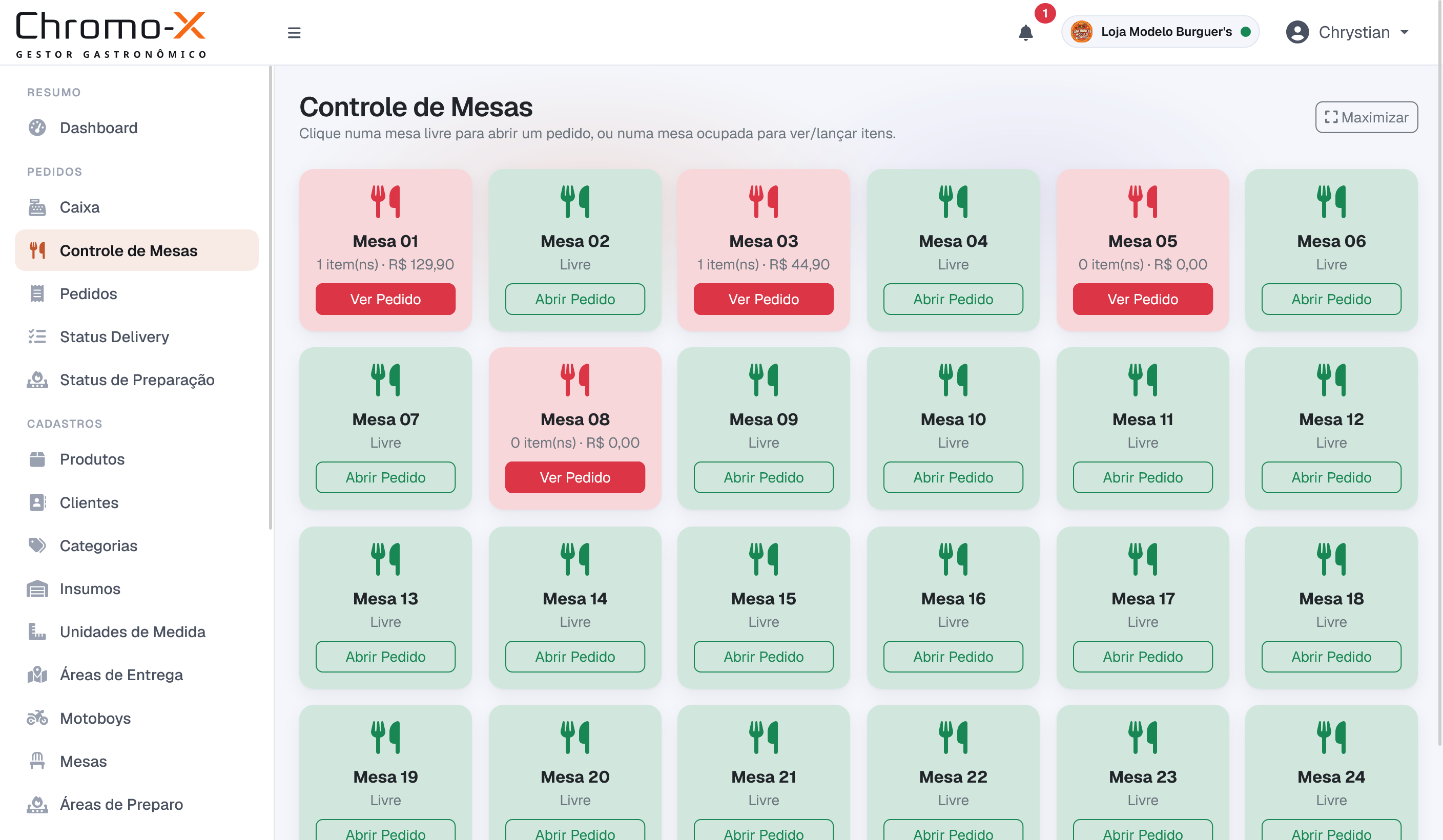Tela de Controle de Mesas do Chromo-X: o salão em cartões coloridos, mostrando quais mesas estão livres e quais têm pedido aberto.